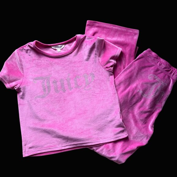 Juicy Couture Pink Velour Bling Logo 2 pc Lounge Set Top Pants Medium - Picture 9 of 9